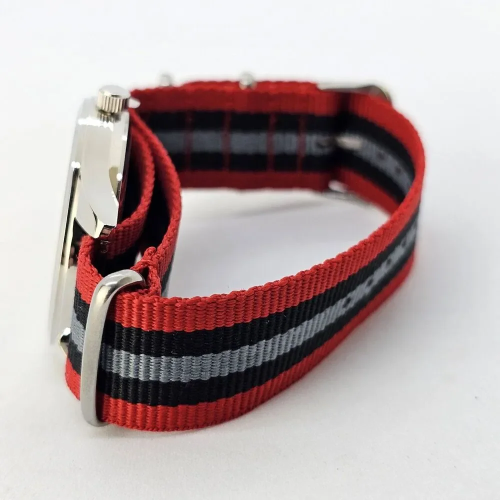 Men's Field Military Watch 42MM Black Dial Red Black Gray‎ Canvas Band Strap